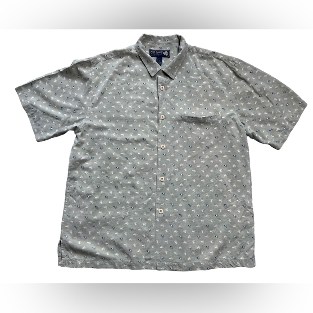 Nat Nast Shirt Mens Sage Green Martini Cocktail Silk 100% Button Up Size Large